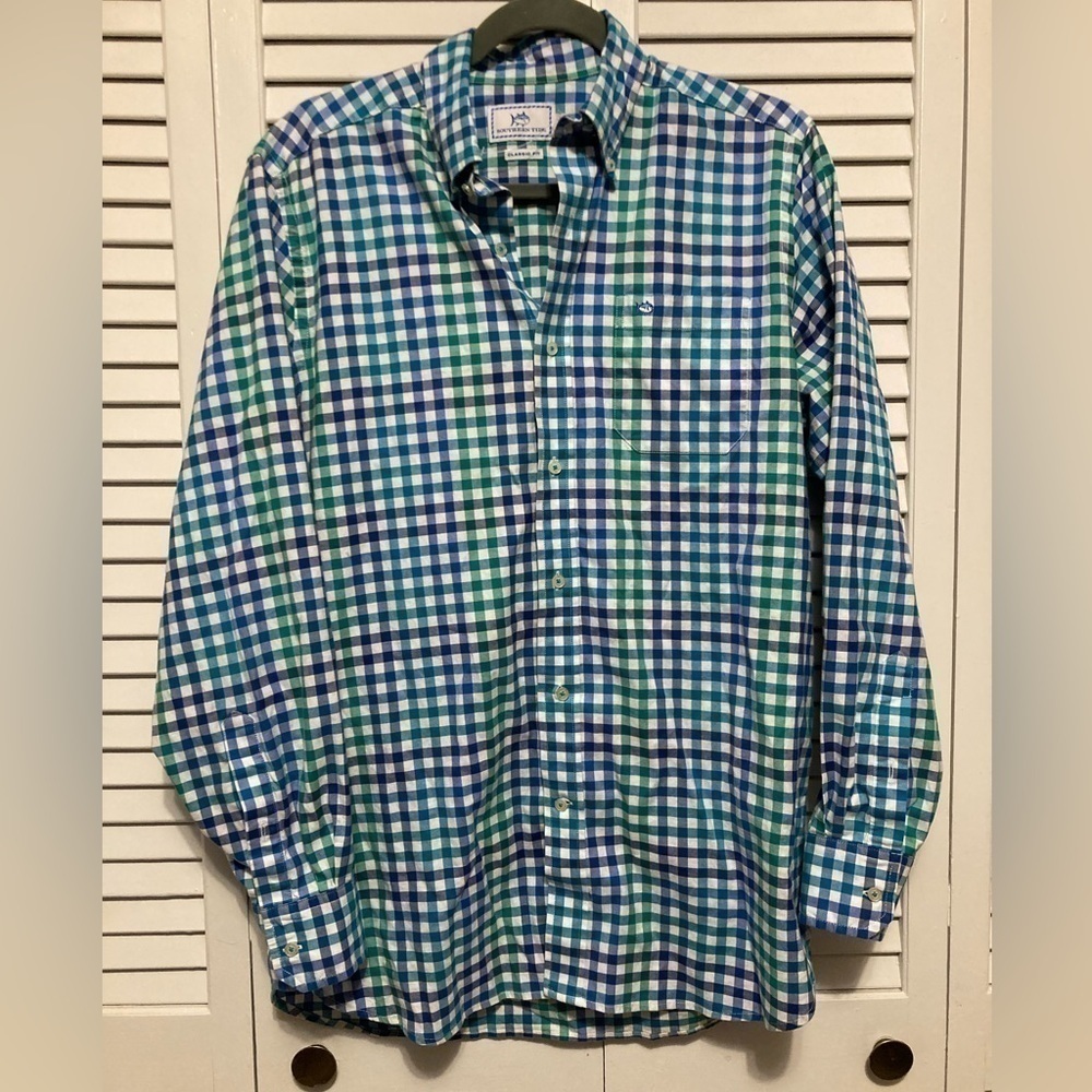 Men’s Southern Tide Blue And Green Checkered Button Down Shirt Size Small